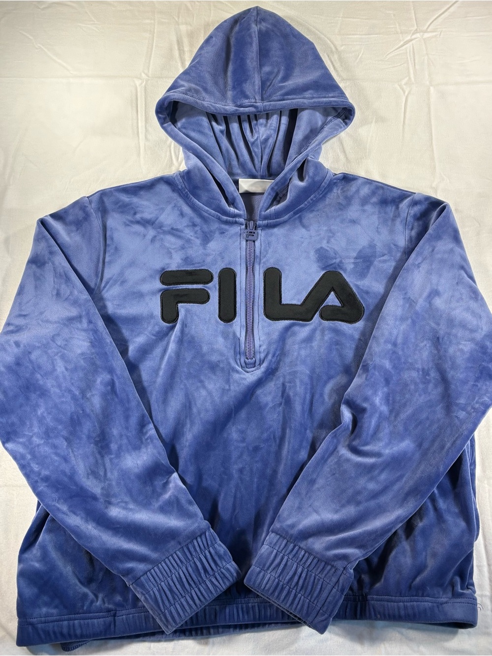 FILA Women's Velour Quarter-Zip Hoodie with Black Logo and Side Pockets